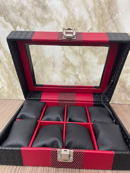 CAJA ESTUCHE ORGANIZADOR PARA 8 RELOJES NEGRO CON ROJO