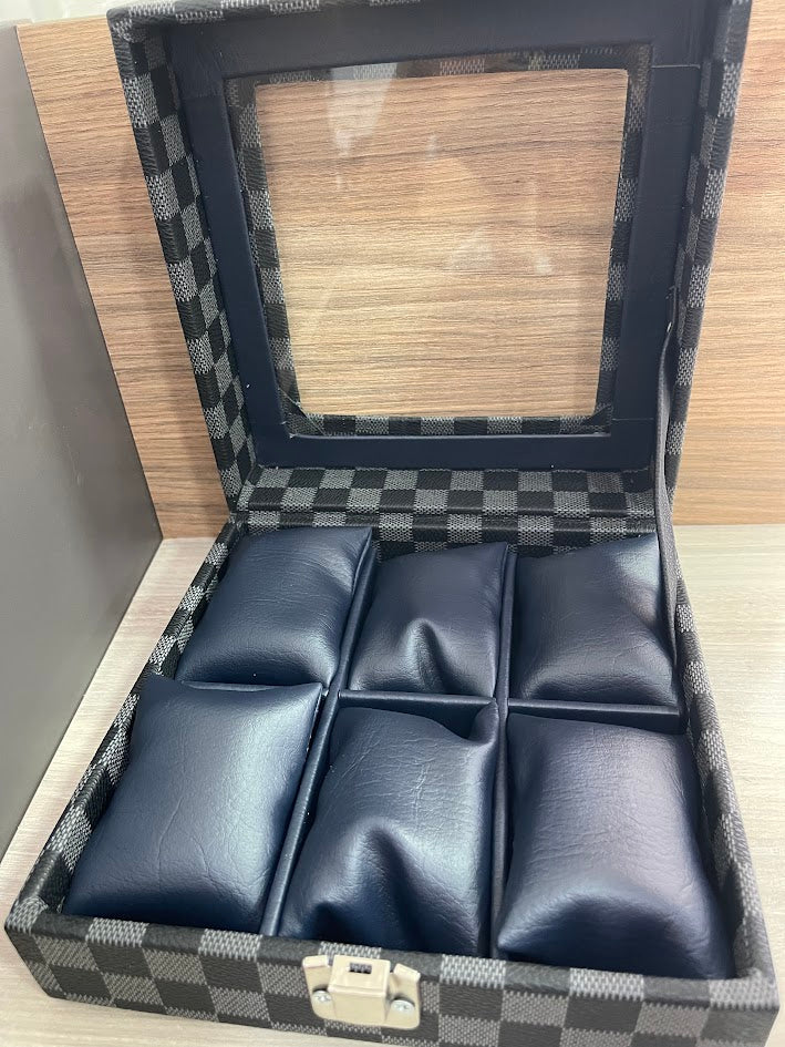 CAJA ESTUCHE ORGANIZADOR PARA 6 RELOJES NEGRO CON GRIS