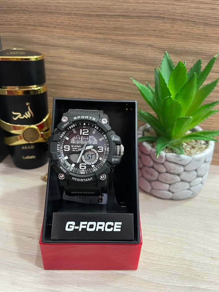 RELOJ G FORCE DOBLE ORA DEPORTIVO NEGRO VIVOS BLANCOS