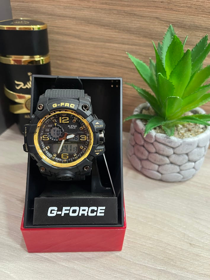 RELOJ G FORCE DOBLE ORA DEPORTIVO NEGRO VIVOS DORADOS