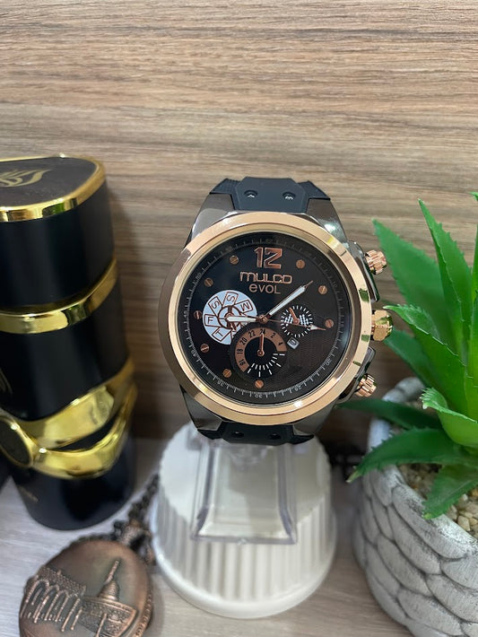 RELOJ MULCO NEGRO Y ORO ROSA