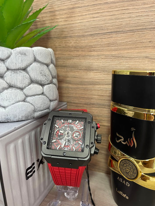 RELOJ EXTRI CUADRADO NEGRO Y ROJO