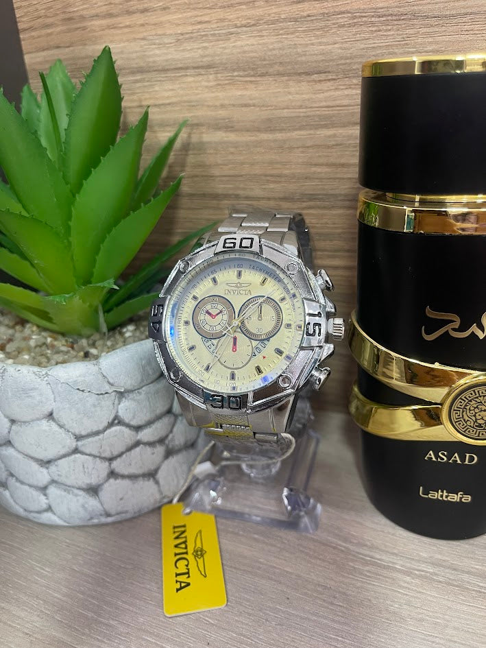 RELOJ INVICTA PLATEADO Y BEISH INCLUYE CAJA