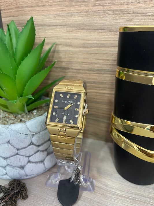 RELOJ LIMITED CABALLERO CUADRADO DORADO TABLERO NEGRO