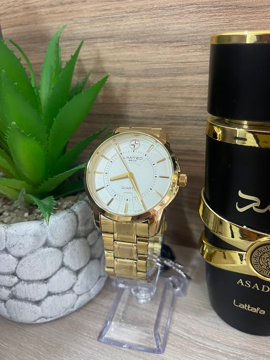 RELOJ LIMITED CABALLERO DORADO Y BLANCO