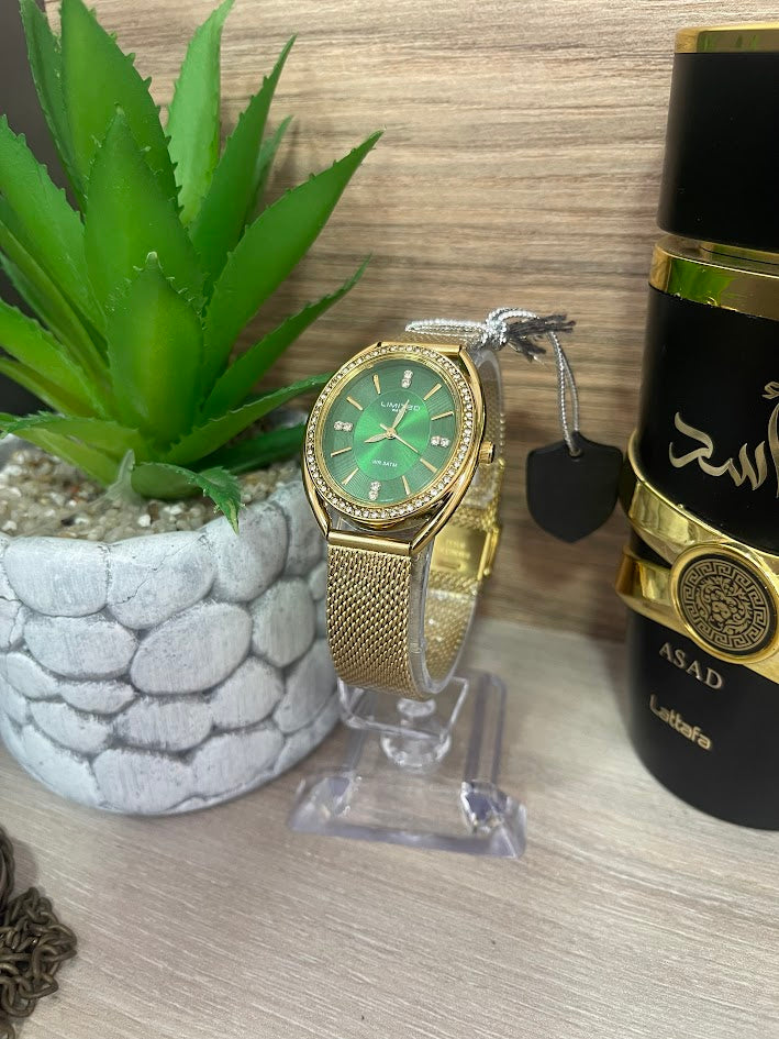 RELOJ LIMITED DAMA OVALADO DORADO Y VERDE
