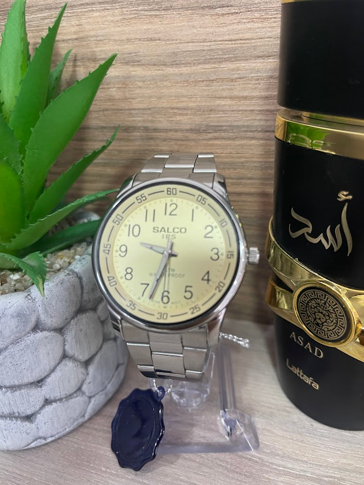 RELOJ SALCO PLATEADO Y BEISH