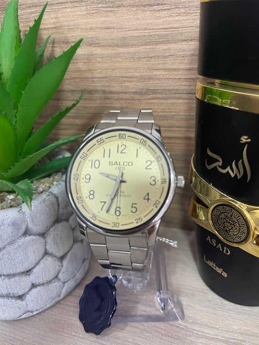 RELOJ SALCO PLATEADO Y BEISH