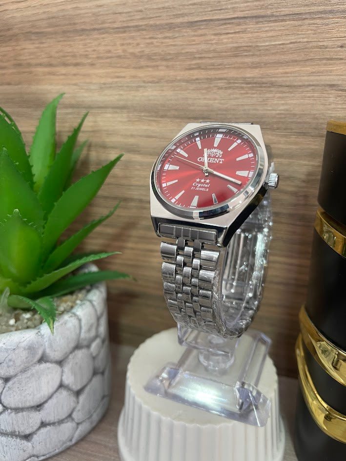 RELOJ ORIENT CABALLERO PLATEADO Y ROJO