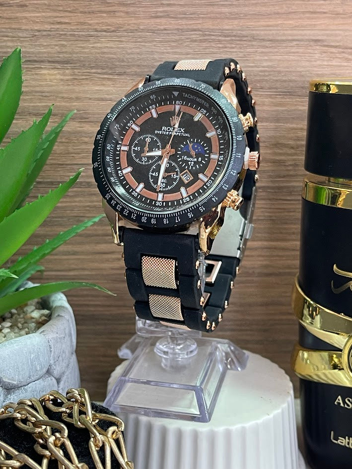 RELOJ ROLEX EN SILICONA ORO ROSA Y NEGRO