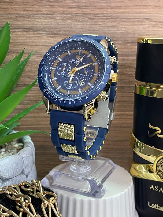 RELOJ ROLEX SILICONA AZUL Y DORADO