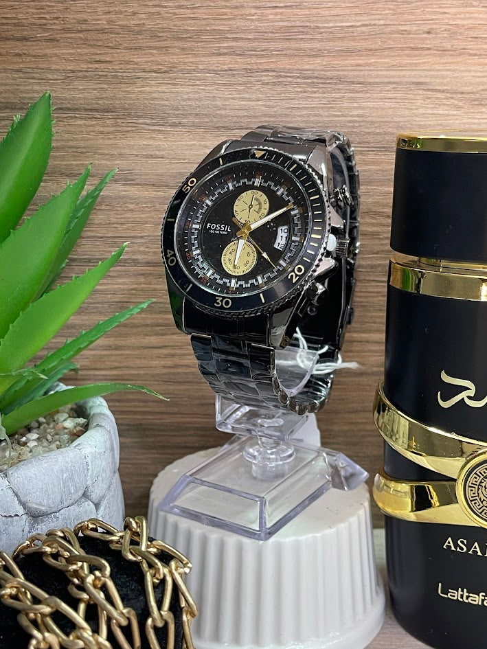 RELOJ FOSIL CABALLERO NEGRO DETALLES DORADOS