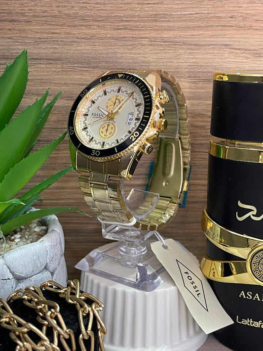 RELOJ FOSIL CABALLERO DORADO ESFERA BLANCA