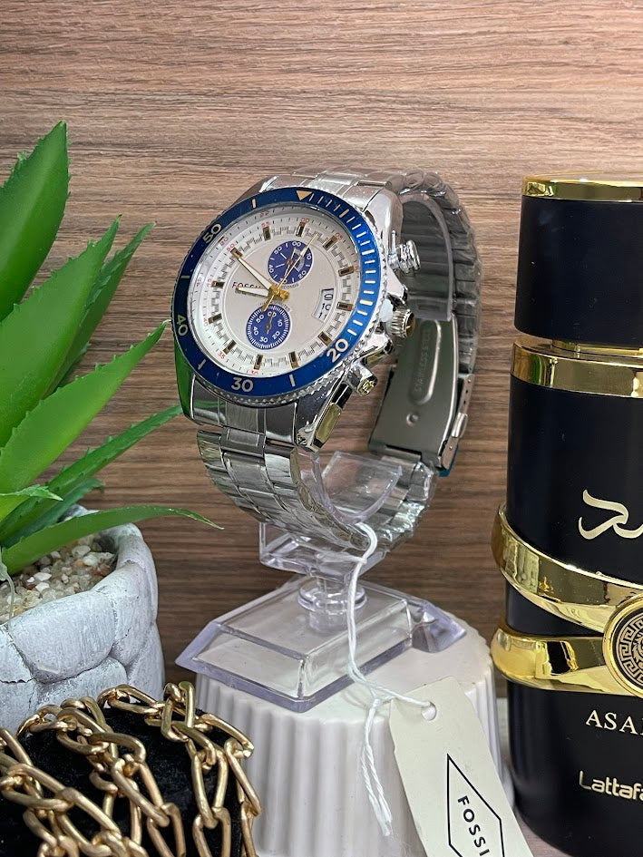 RELOJ FOSIL CABALLERO PLATEADO DETALLES AZULES