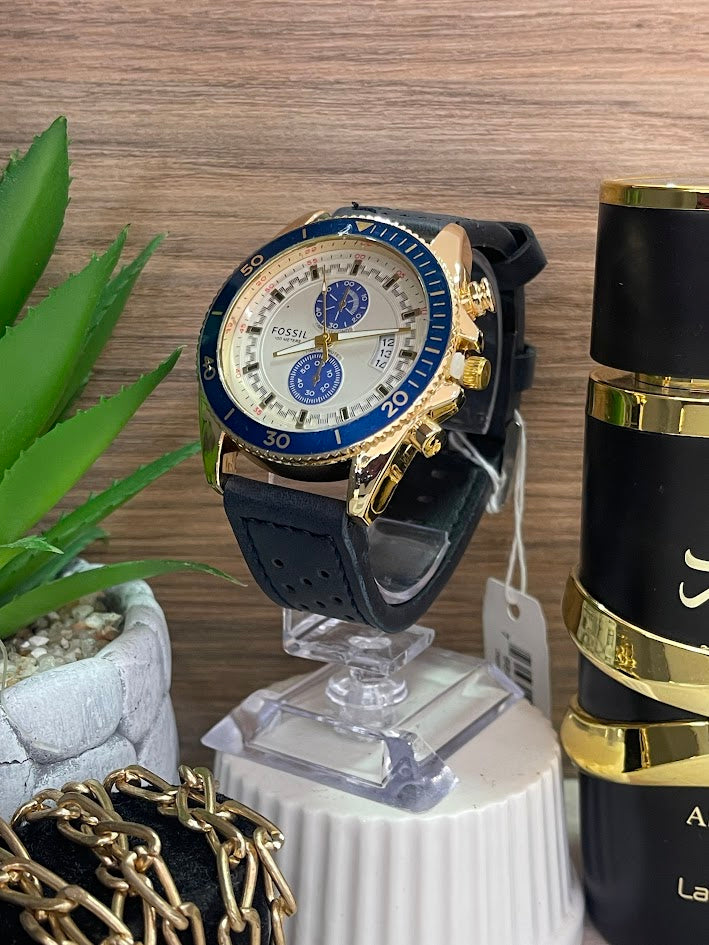 RELOJ FOSIL CAJA DORADA MANILLA AZUL