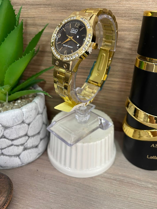 RELOJ QYQ DORADO DAMA ESFERA NEGRA