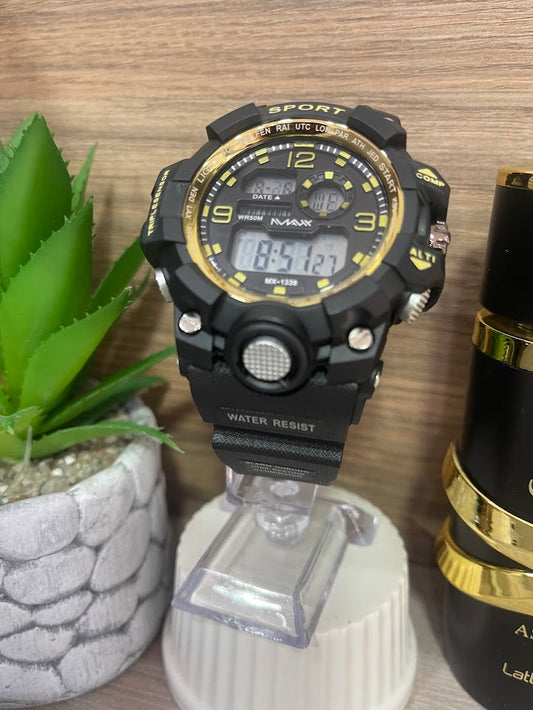RELOJ DIGITAL NEGRO Y DORADO