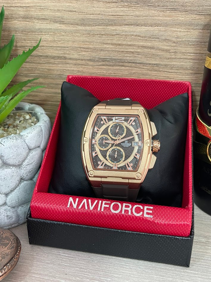 RELOJ NAVIFORCE CABALLERO CAFE Y ORO ROSA MANILLA EN SILICONA