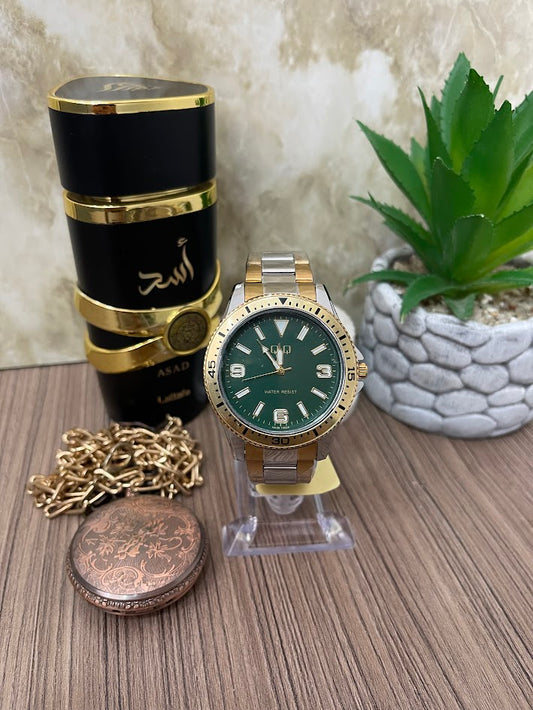 RELOJ Q&Q BICOLOR ESFERA DORADA FONDO VERDE