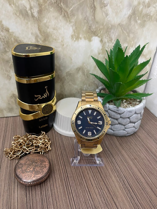RELOJ Q&Q DORADO ARO DORADO FONDO AZUL