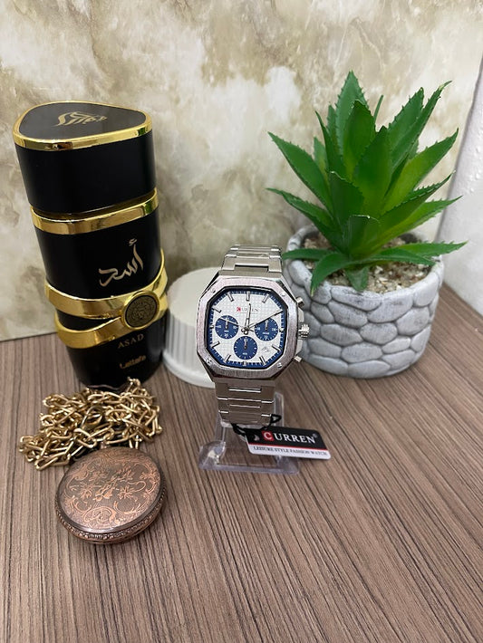 RELOJ CURREN CUADRADO PLATEADO FONDO AZUL CON BLANCO