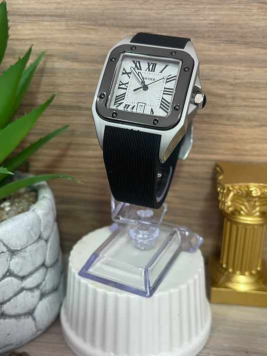CARTIER SANTOS DAMA PLATEADO ESFERA BLANCA MANILLA NEGRA