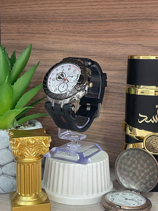 RELOJ TISSOT PLATEADO ESFERA BLANCA ARO NEGRO MANILLA SILICONA NEGRA