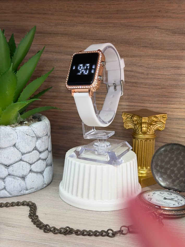 RELOJ DAMA DIJITAL ORO ROSA MANILLA SILICONA BLANCA