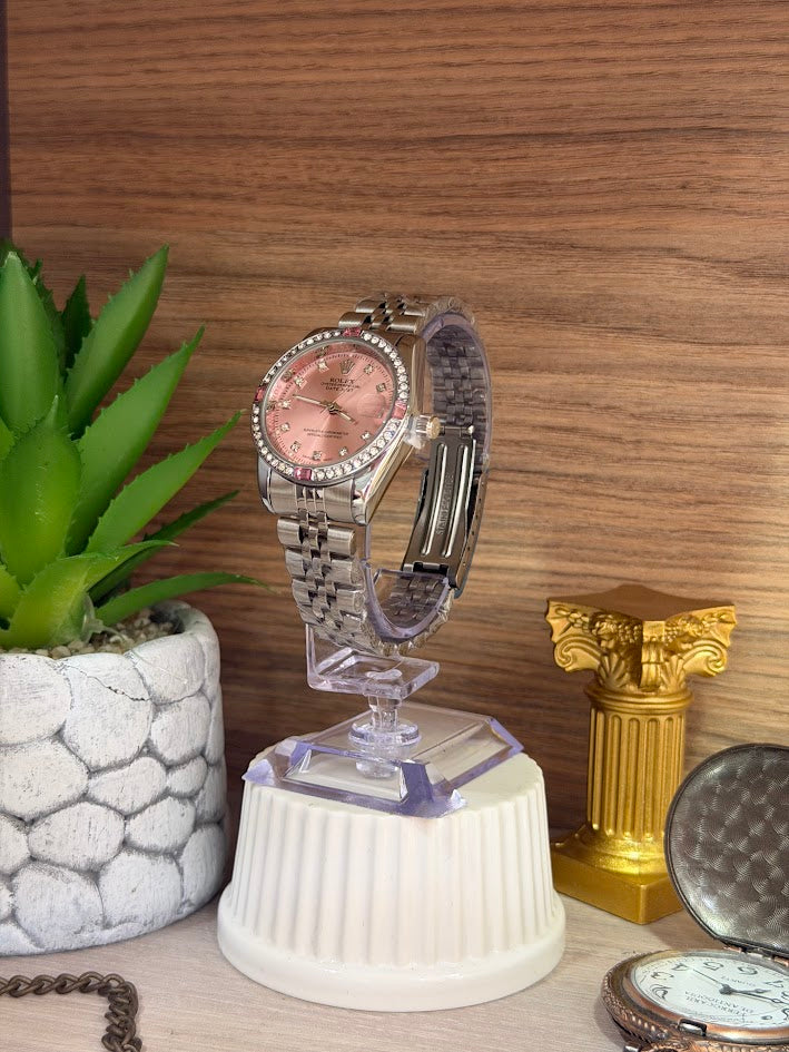 RELOJ ROLEX DAMA PLATEADO ESFERAS ROSA ARO DIAMANTADO