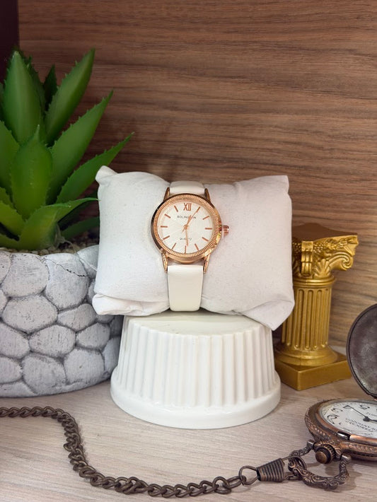 RELOJ DAMA DORADO ESFERA BLANCA MANILLA CUEROTEC BLANCA