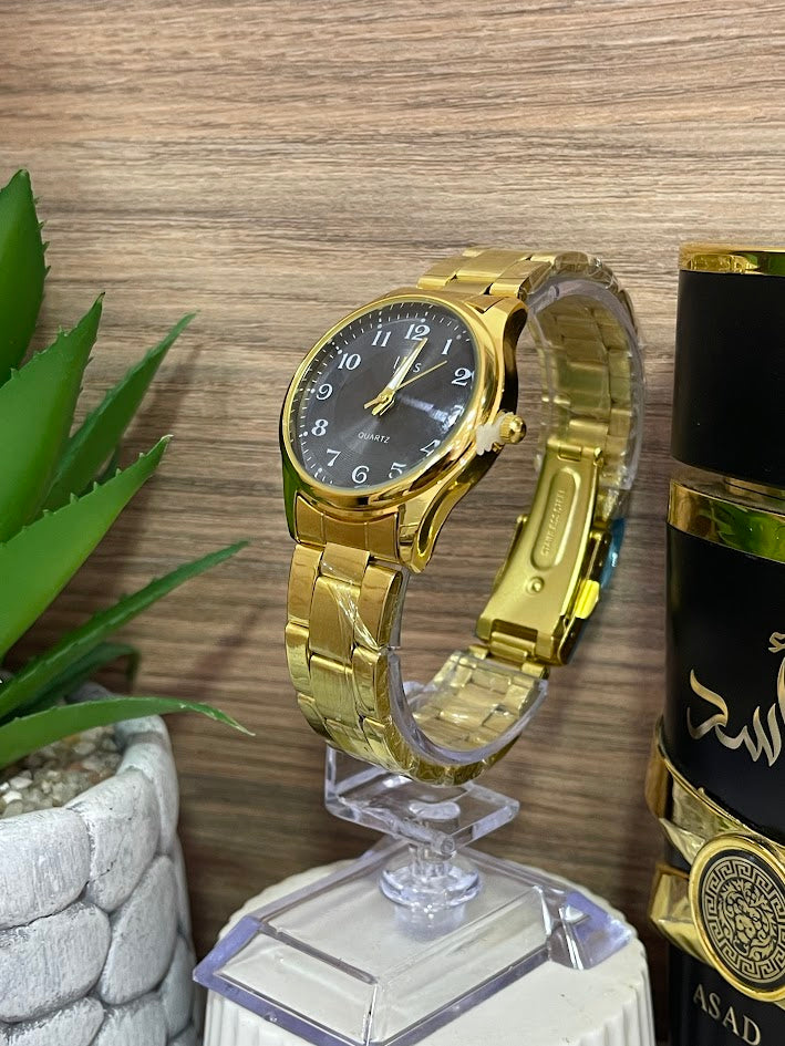 RELOJ PLUSS DORADO ESFERA NEGRA
