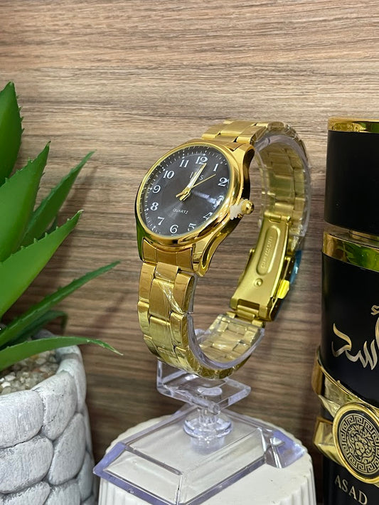 RELOJ PLUSS DORADO ESFERA NEGRA