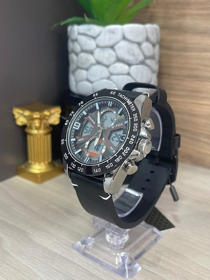 RELOJ G FOX NEGRO PLATEADO DETALLES ROJOS