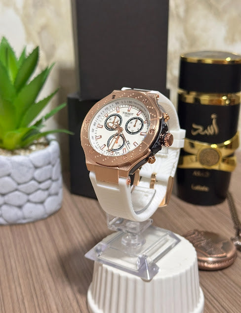 Tissot Dorado Esfera Blanca Manilla Silicona Blanca 1.1
