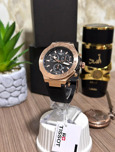 Tissot Dorado Esfera Negra Manilla Silicona Negra 1.1