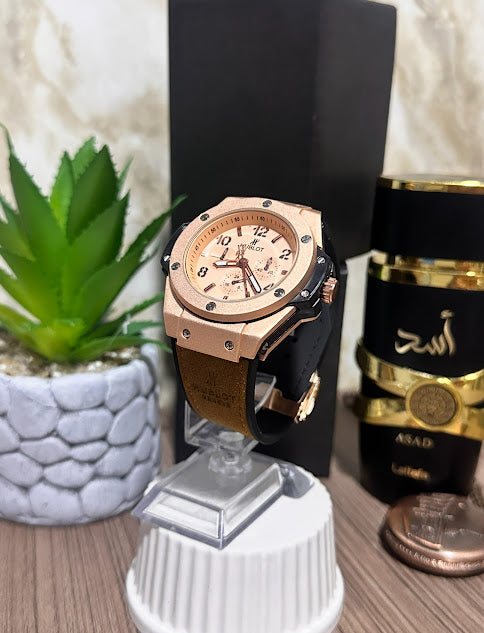Hublot Dorado Manilla Café en Cuero