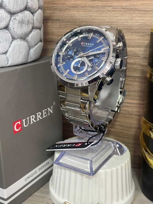 RELOJ CURREN CABALLERO PLATEADO ESFERA AZUL