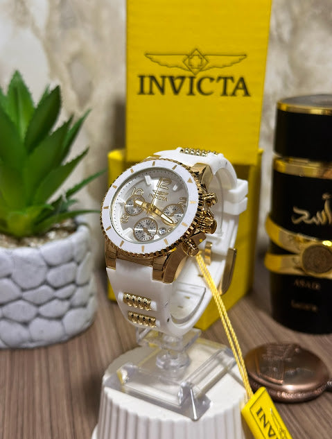 Invicta Dama Dorado Esfera Blanca Manilla Silicona Blanca