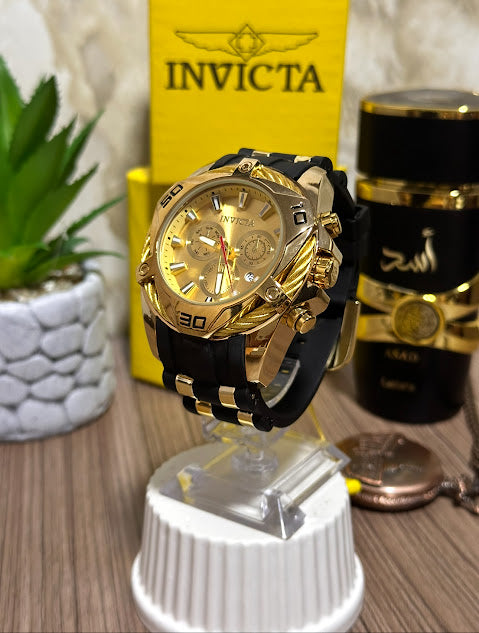 Invicta Dorado Esfera Dorada Manilla Silicona Negra V1