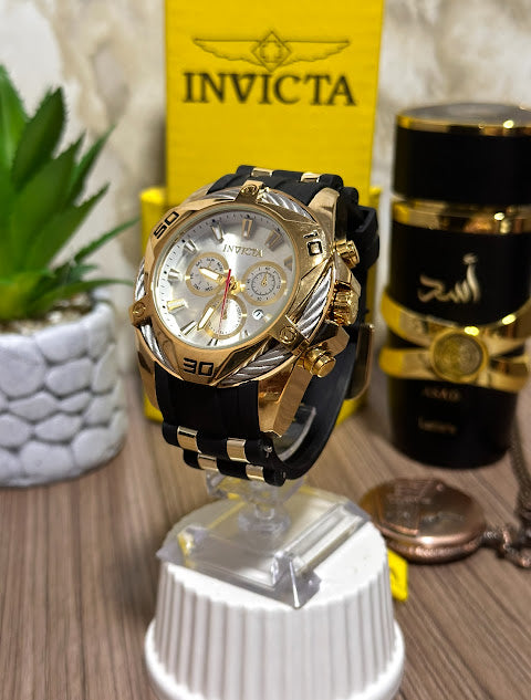 Invicta Dorado Esfera Plateada Manilla Silicona Negra V1