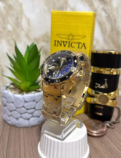 Invicta Dorado Esfera Negra Manilla Metálica V1