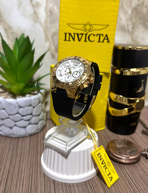 Invicta Dorado Esfera Blanca Manilla Silicona Negra V3