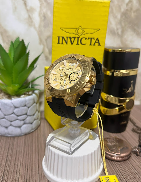 Invicta Dorado Esfera Dorada Manilla Silicona Negra V3