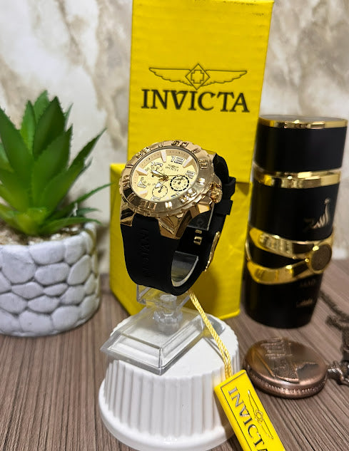 Invicta Dorado Esfera Dorada Manilla Silicona Negra V3