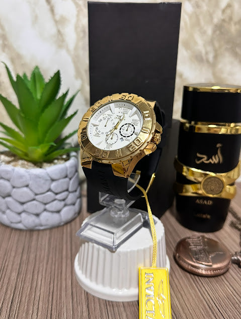 Invicta Dorado Esfera Blanca Manilla Silicona Negra V3