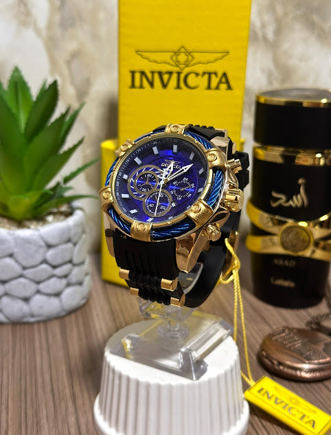 Invicta Dorado Esfera Azul Manilla Silicona Negra V4