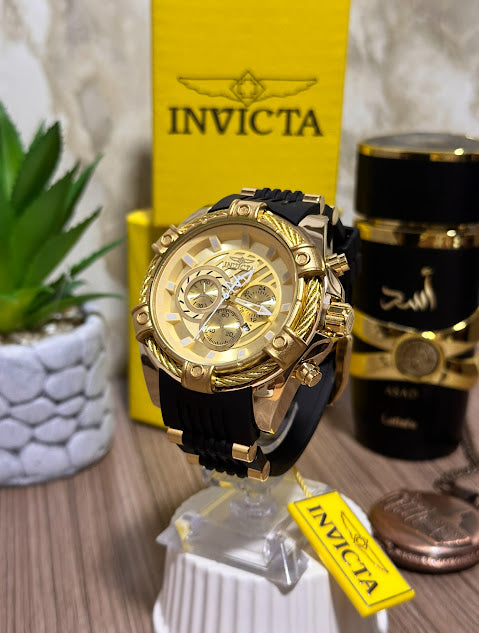 Invicta Dorado Esfera Dorada Manilla Silicona Negra V4
