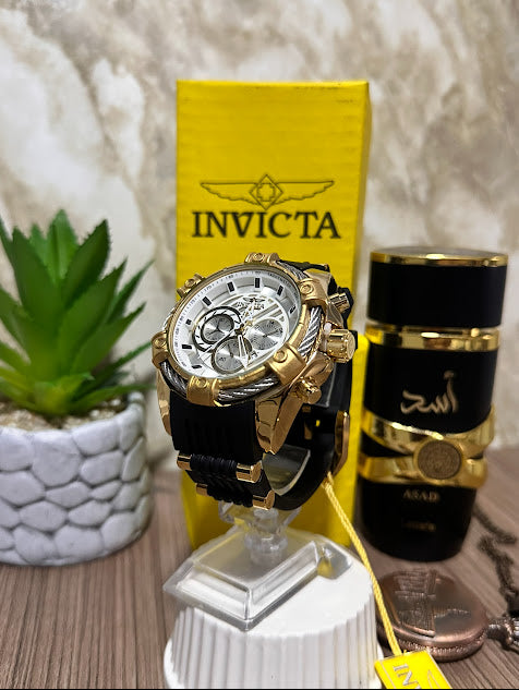 Invicta Dorado Esfera Blanca Manilla Silicona Negra V4