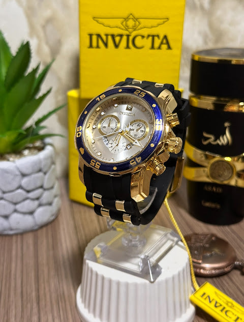 Invicta Dorado Esfera Blanca Aro Azul Manilla Silicona Negra V5