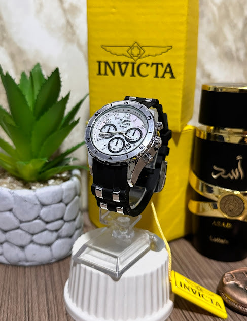 Invicta Dama Plateado Esfera Blanca Manilla Silicona Negra